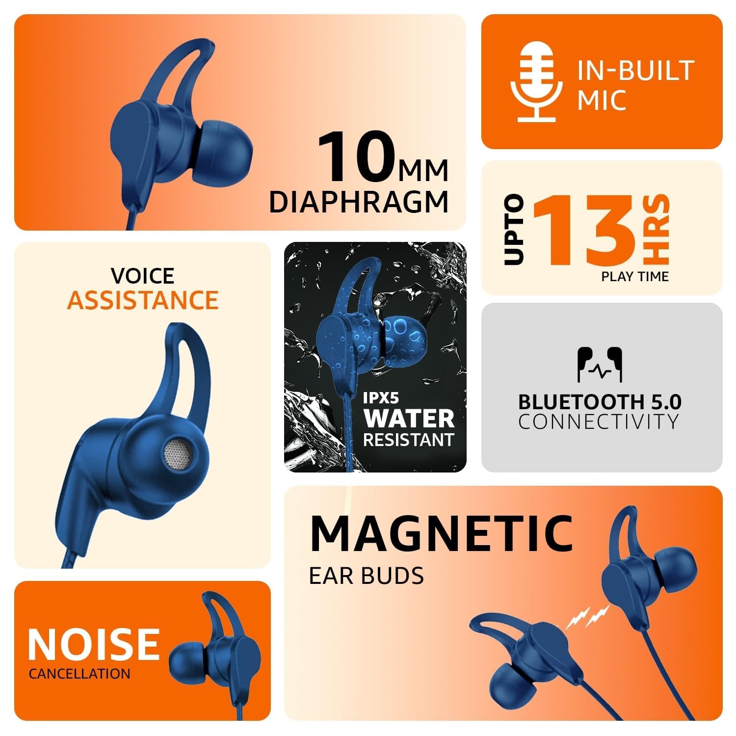 amazon basics in Ear Bluetooth 5.0 Wireless Neckband with Mic, Up to 13 Hours Playback Time, Magnetic Earbuds, Noise Cancellation, Voice Assistant, Dual Pairing and IPX5 Rated (Blue)