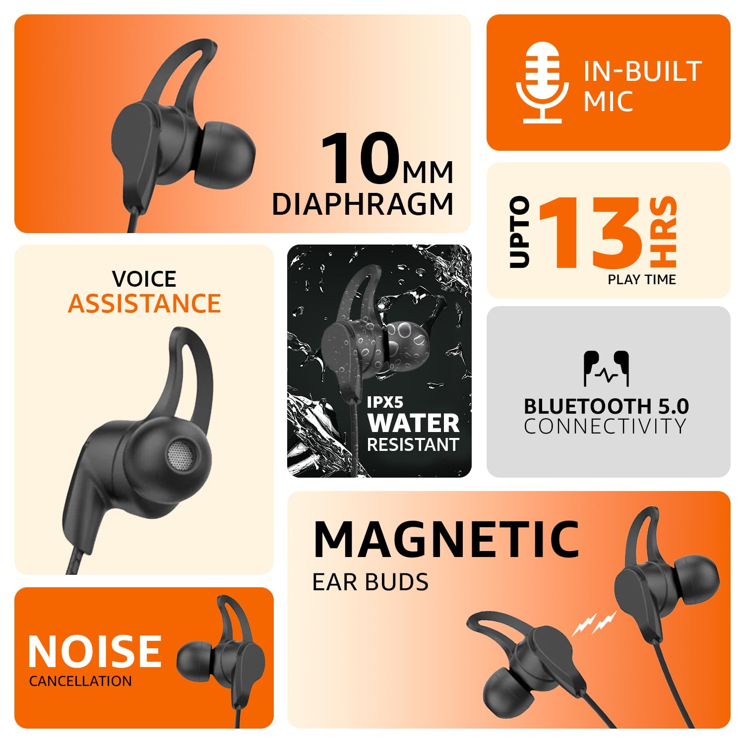 amazon basics in-Ear Bluetooth 5.0 Wireless Neckband with Mic, Up to 13 Hours Playback Time, Magnetic Earbuds, Noise Cancellation, Voice Assistant, Dual Pairing and IPX5 Rated (Black)