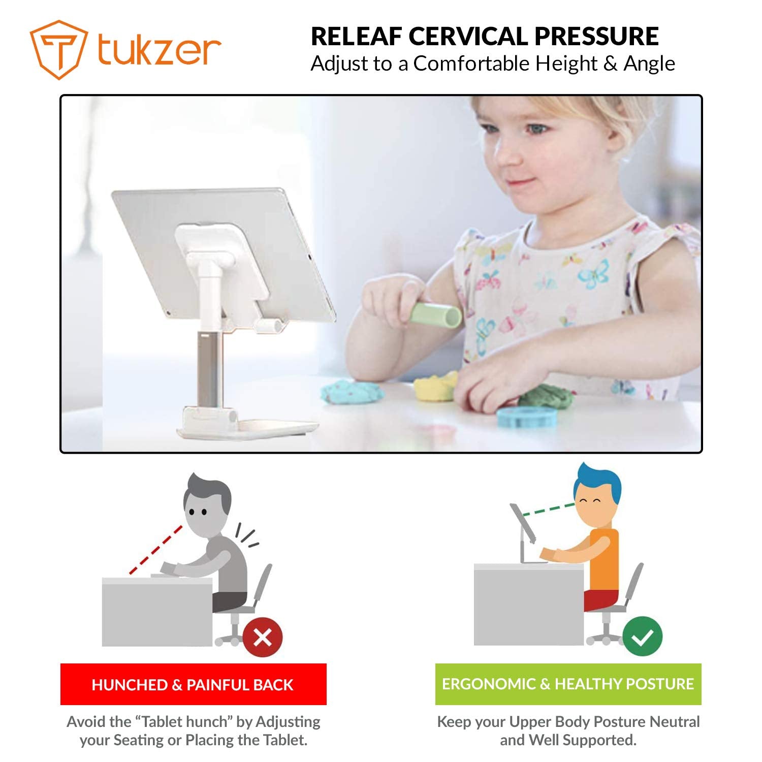 Tukzer Fully Foldable Tabletop Desktop Tablet Mobile Stand Holder - Angle & Height Adjustable for Desk, Cradle, Dock, Compatible with Smartphones & Tablets (White)