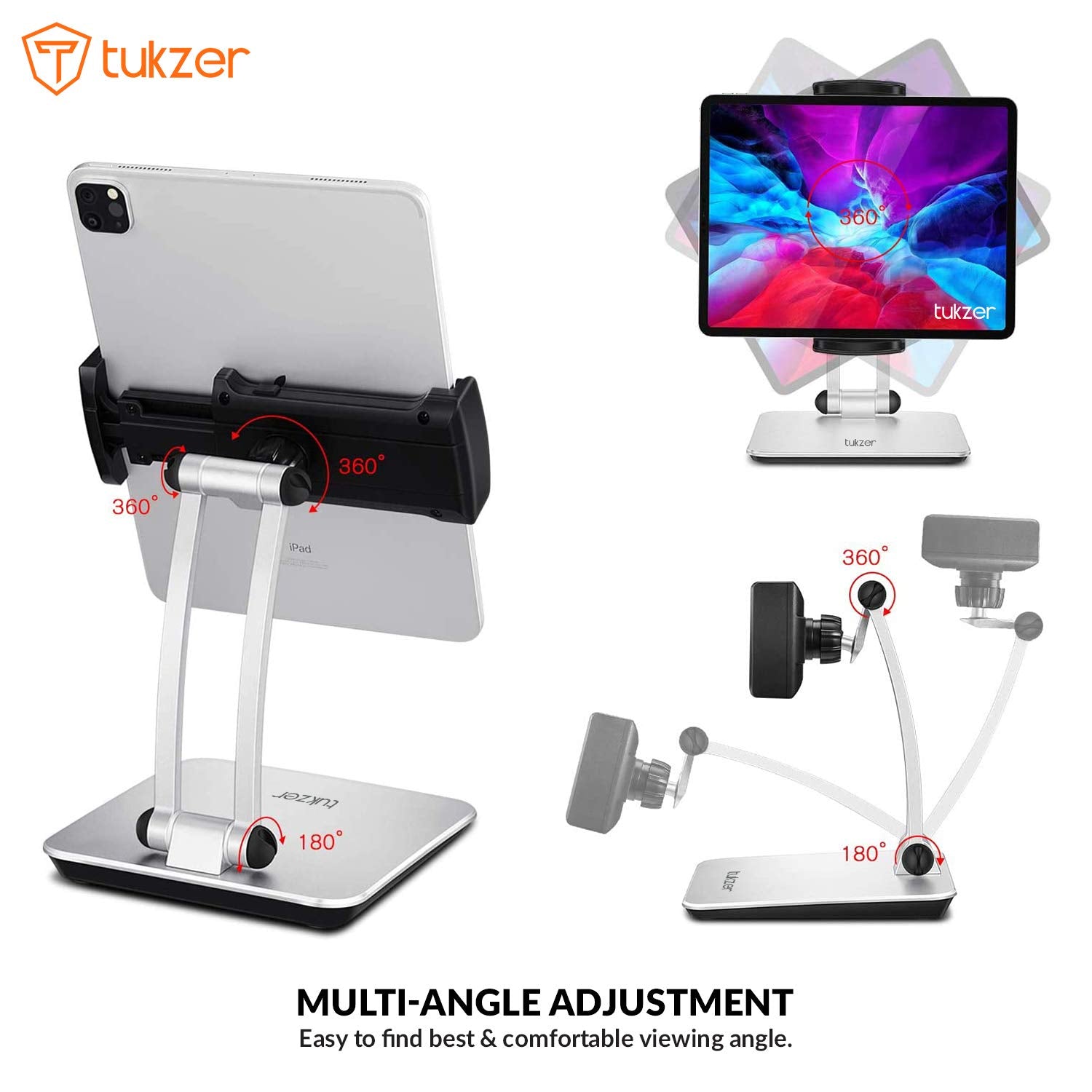 Tukzer Foldable Professional Tablet & Mobile Stand Holder with 360° Swivel & Height/Angle Adjustment| Sturdy & Heavy Metal Base, Solid Structure Cable Clips| for Up to 12 Inch Screen Devices (Grey)