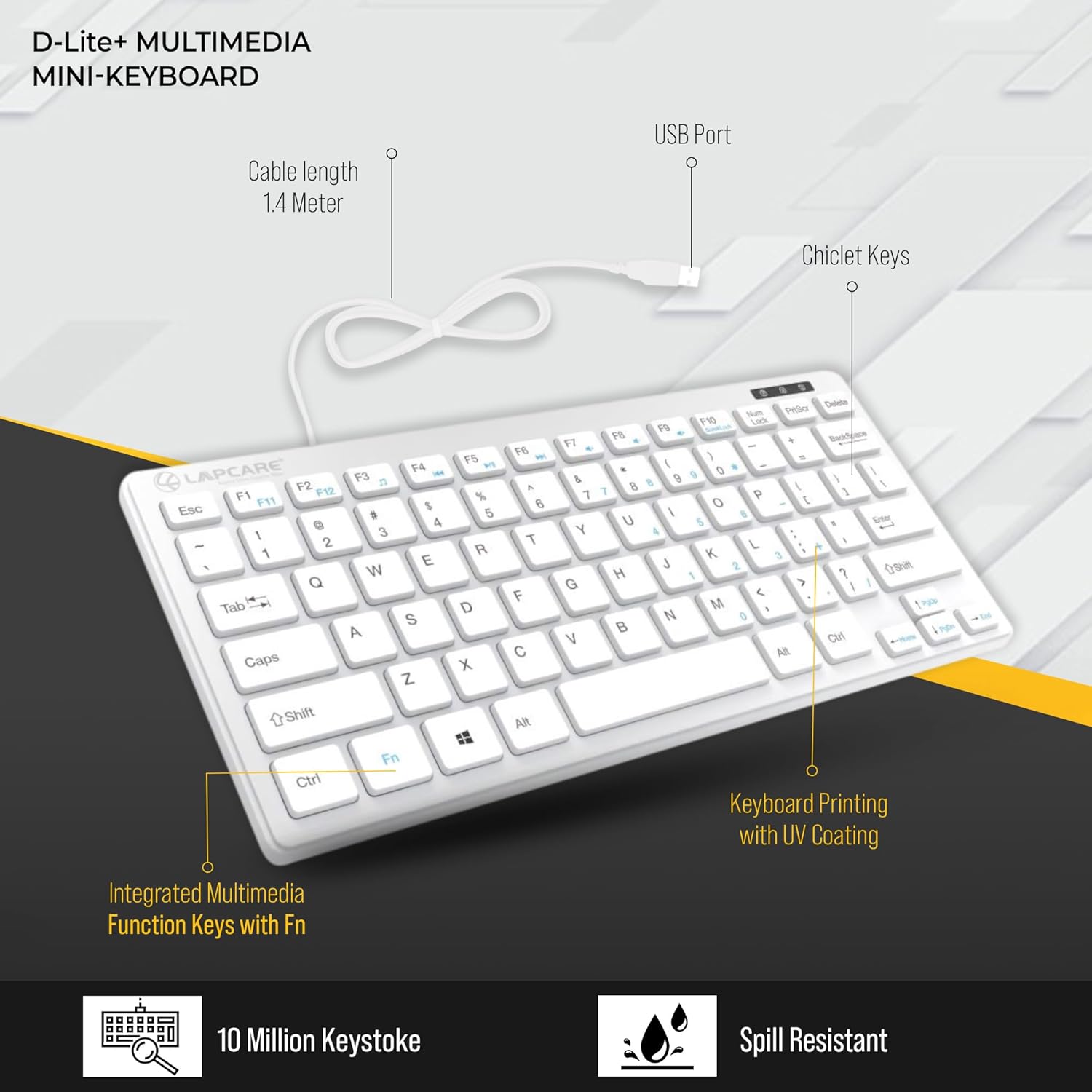 Lapcare D-Lite Silver Mini Wired Keyboard – 87 Key Compact USB Keyboard with Multimedia Fn Keys, Quiet Chocolate Keycaps, UV Coating, 8 Million Keystroke Life - Plug & Play for PC/Laptop (Silver)