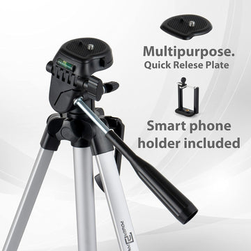 Powerpak Photo-X5 4.5ft/53'' Flat Tripod for Smartphones & Cameras |Max Operating Height - 4.5ft|with Smartphone Clamp & 3-Way Panhead | for Digital DSLR, Video Camera, Camcorder|Payload 1.5kg, Black