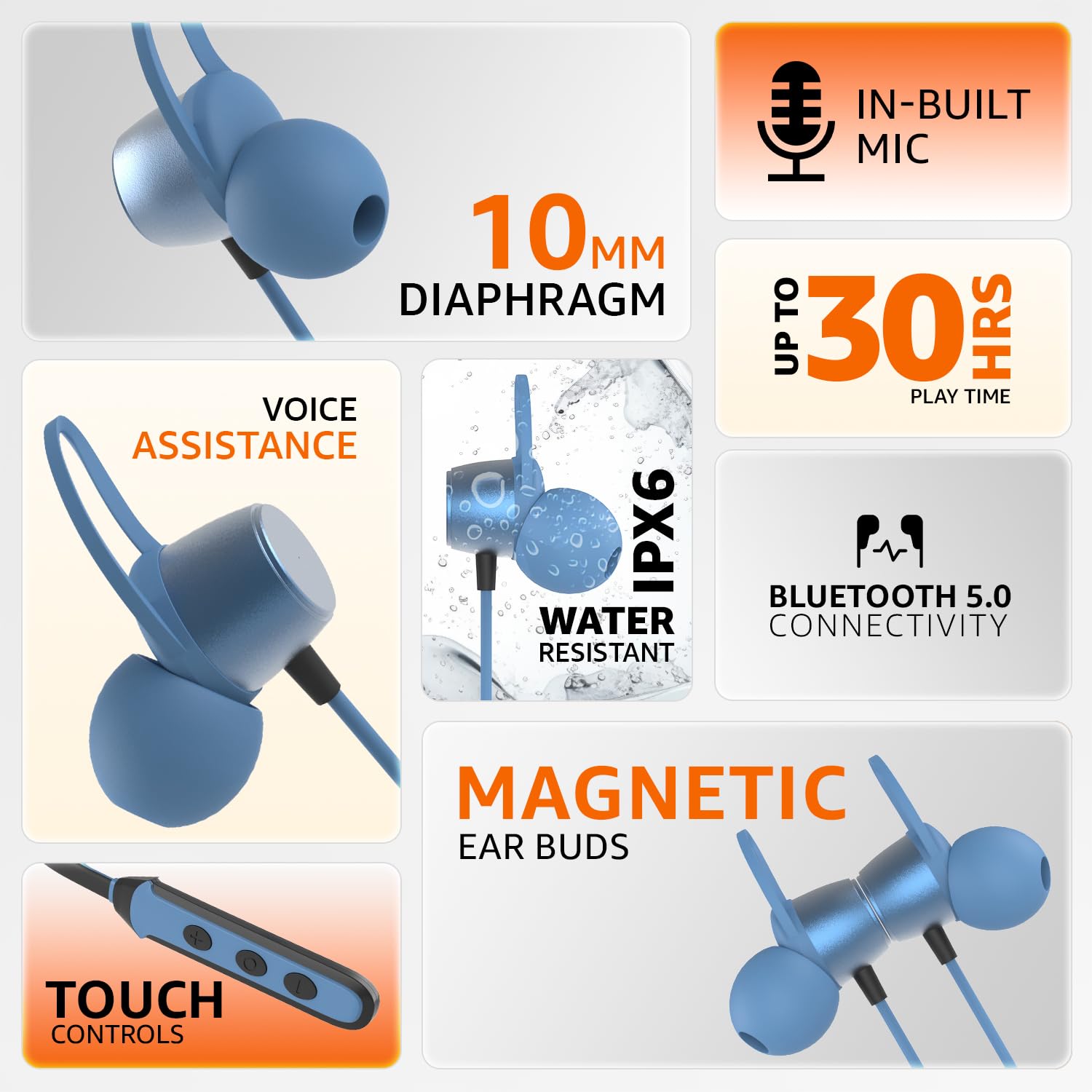 amazon basics Bluetooth 5.0 Neckband with Magnetic Earbuds | Up to 30 Hours Playtime | Voice Assistant | Dual Pairing | IPX6 Rated (Blue+Black)