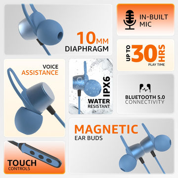 amazon basics Bluetooth 5.0 Neckband with Magnetic Earbuds | Up to 30 Hours Playtime | Voice Assistant | Dual Pairing | IPX6 Rated (Blue+Black)