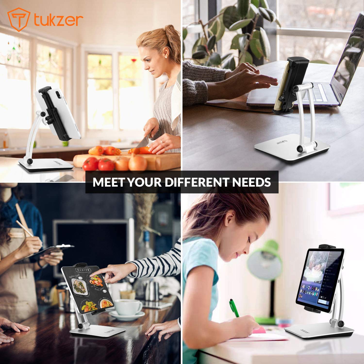Tukzer Foldable Professional Tablet & Mobile Stand Holder with 360° Swivel & Height/Angle Adjustment| Sturdy & Heavy Metal Base, Solid Structure Cable Clips| for Up to 12 Inch Screen Devices (Grey)