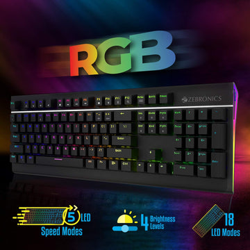 ZEBRONICS Zeb-MAX PRO V2 Premium Mechanical Gaming Keyboard with 104 Tactile Switch Keys, 18 RGB LED Modes, Braided & Gold Plated USB Cable, Integrated Multimedia Keys, Key Removal Tool