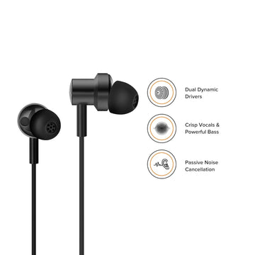 XIAOMI Dual Driver Dynamic Bass in-Ear Wired Earphones with Mic, 10mm & 8mm Dual Dynamic Drivers for Heavy Bass & Crystal-Clear Vocal, Passive Noice Cancellation, Magnetic Earbuds with braided cable (Black)