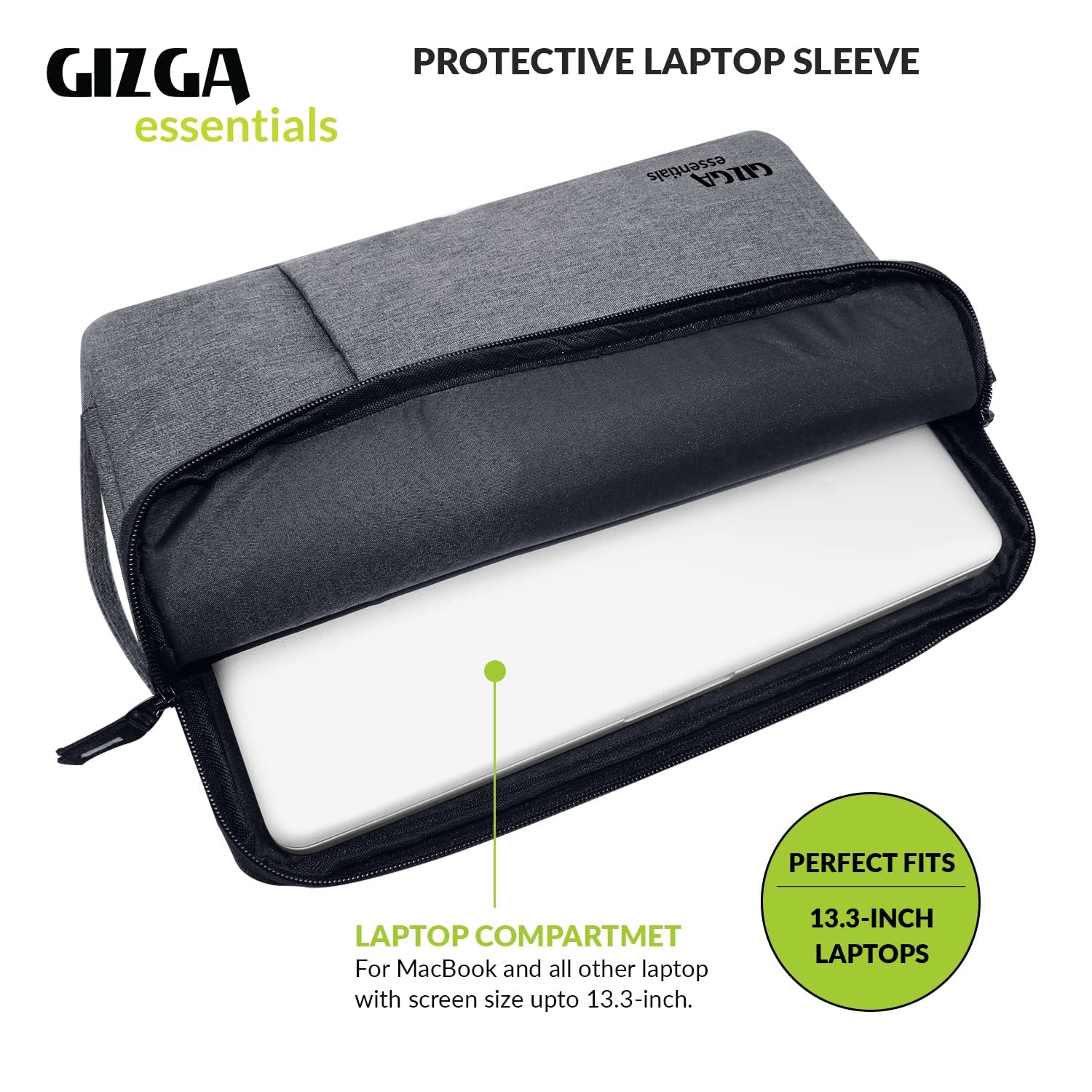 Gizga Essentials 13.3 Inch Laptop Sleeve Case Cover Bag with Extra Pouch, Front Pocket & Handle| Slim & Water-Resistant Nylon Fabric with Shockproof Foam Padding, Soft Lining & Premium Zipper (Grey)
