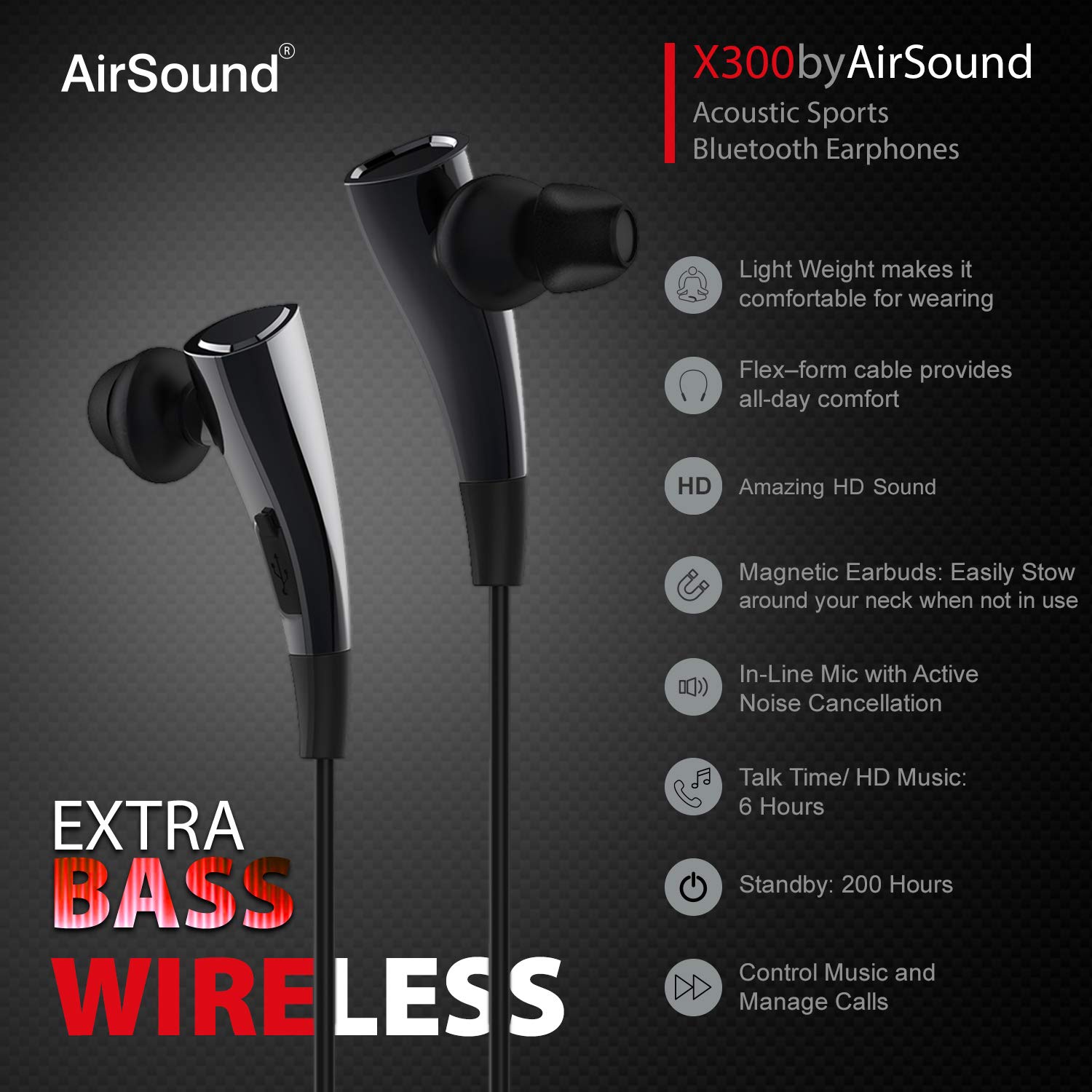 AirSound X300 Wireless Bluetooth in-Ear Headphones, Magnetic-Auto Pause/Auto-Play, HD Stereo & Mic