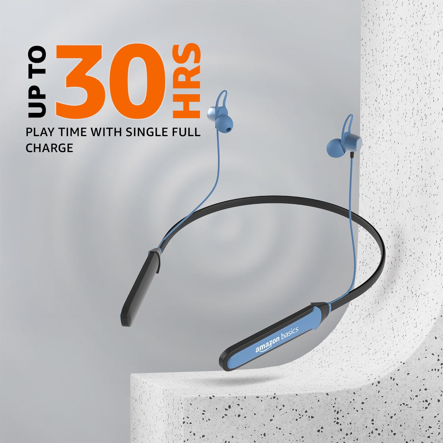 amazon basics Bluetooth 5.0 Neckband with Magnetic Earbuds | Up to 30 Hours Playtime | Voice Assistant | Dual Pairing | IPX6 Rated (Blue+Black)