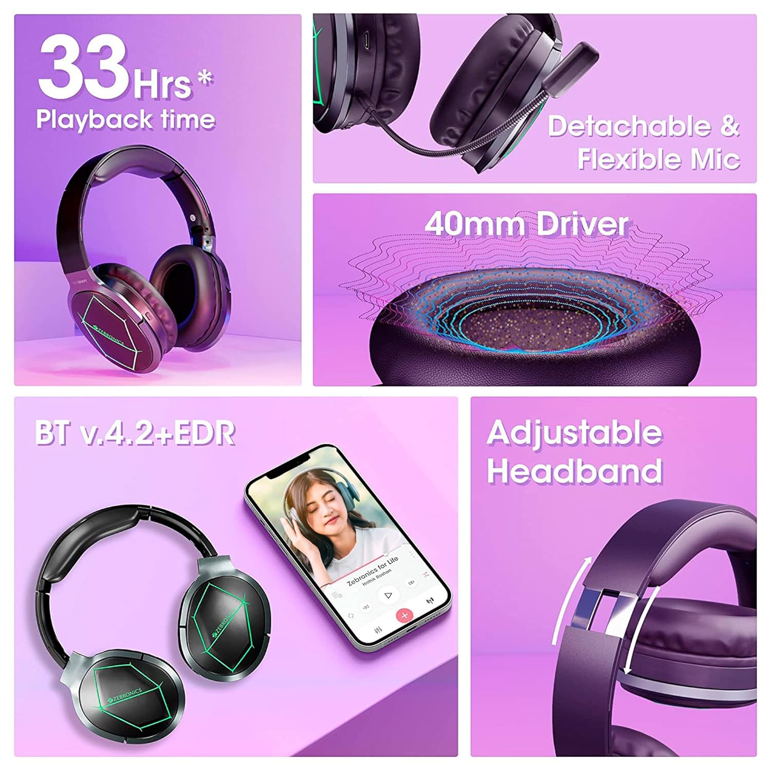 ZEBRONICS Zeb-Envy Bluetooth Wireless Over Ear Headphones with Mic with 33 hrs Playback time, Voice Assistant, with Detachable, Breathing RGB Lights and (Black)