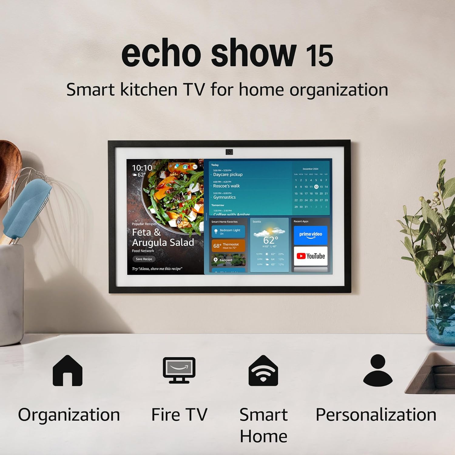 Amazon Echo Show 15 (newest model), Full HD 15.6" kitchen hub for home organization, with built-in Fire TV and Alexa