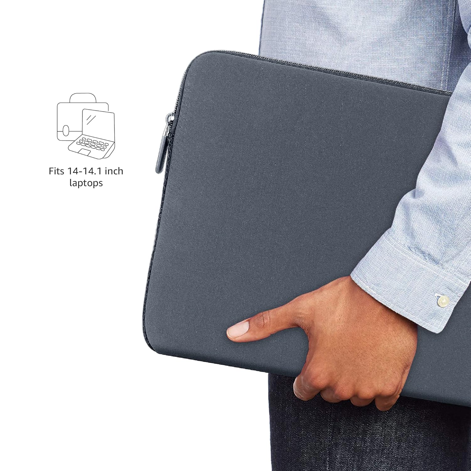 Amazon Basics Laptop Sleeve Case Cover Pouch for 14-Inch, 14.1-Inch Laptop for Men & Women | Slim Profile Neoprene, Soft Puffy Fabric Lining, 360° Protection, Smooth & Premium Zipper (Grey)