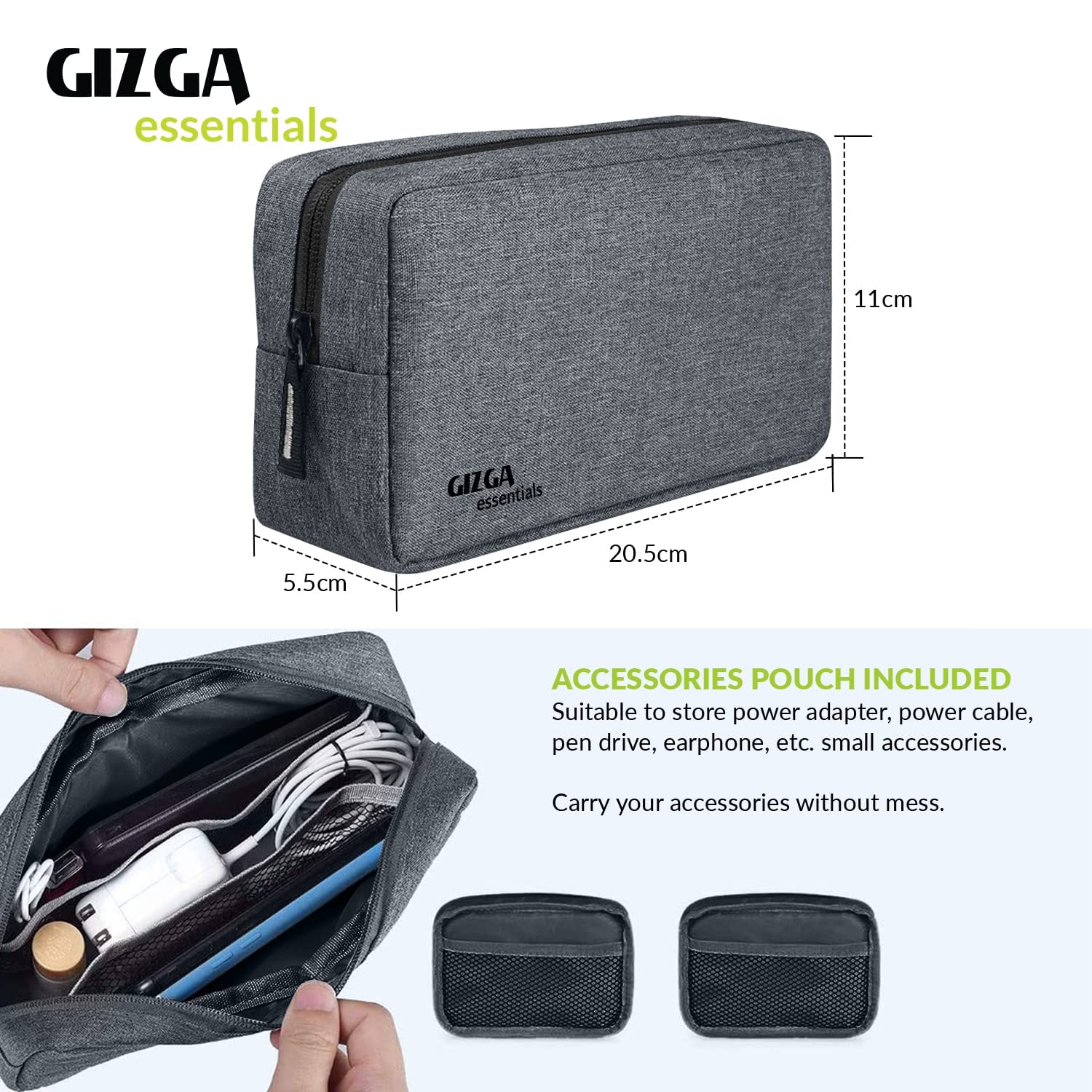 Gizga Essentials 13.3 Inch Laptop Sleeve Case Cover Bag with Extra Pouch, Front Pocket & Handle| Slim & Water-Resistant Nylon Fabric with Shockproof Foam Padding, Soft Lining & Premium Zipper (Grey)