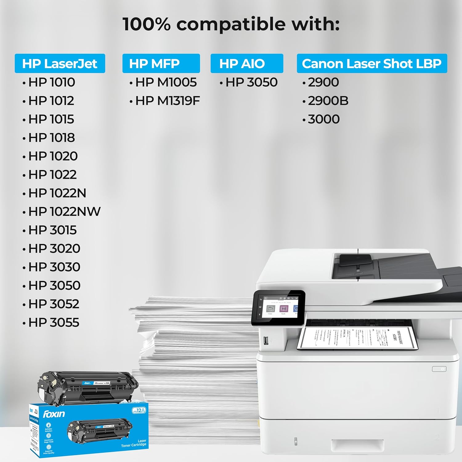 Foxin FTC 12A Laser Printer Cartridge Compatible with 1020, M1005, 1018, 1010, 1012, 1015, 1022, 1022N, 1022NW, 3015, 3020, 3030, 3050, 3050Z, 3052, 3055 / 12A Cartridge / Black