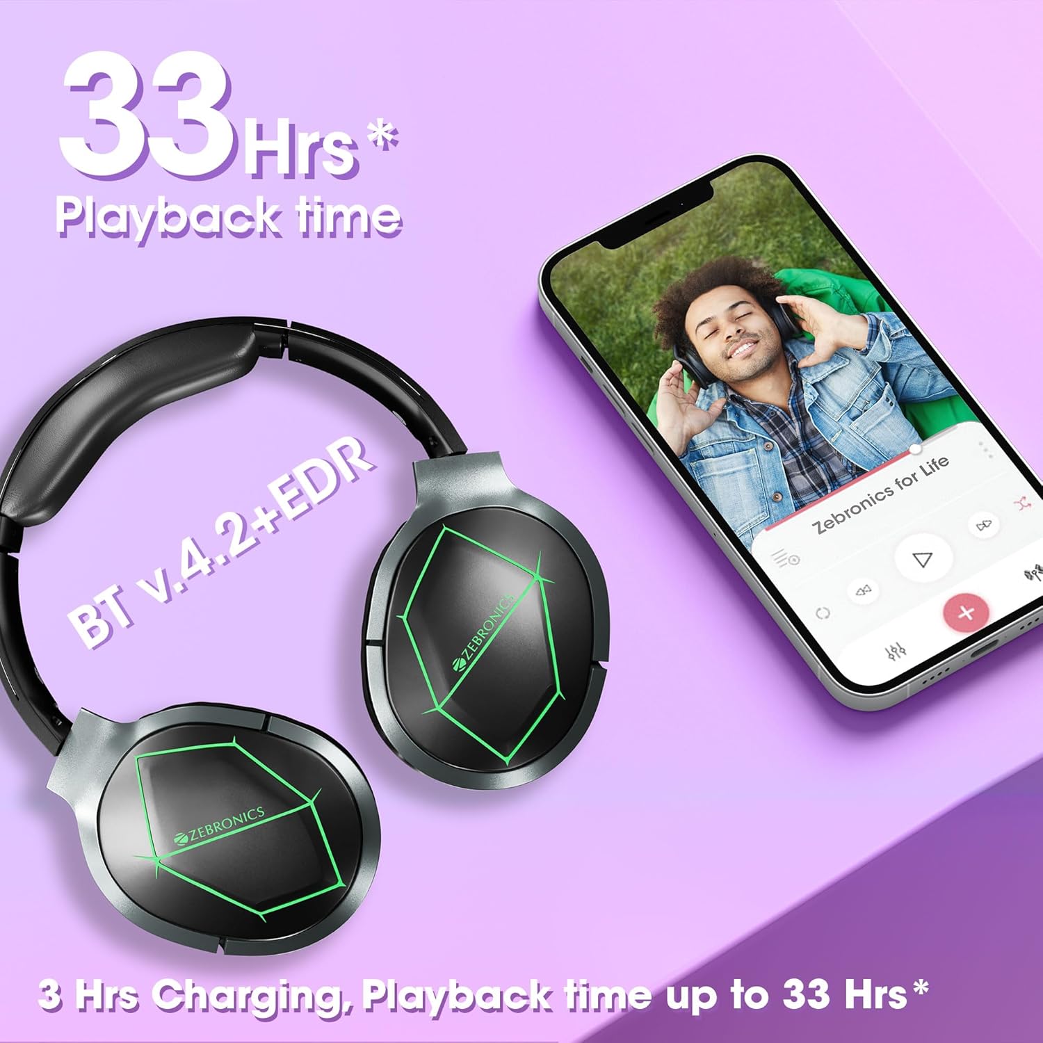 ZEBRONICS Zeb-Envy Bluetooth Wireless Over Ear Headphones with Mic with 33 hrs Playback time, Voice Assistant, with Detachable, Breathing RGB Lights and (Black)