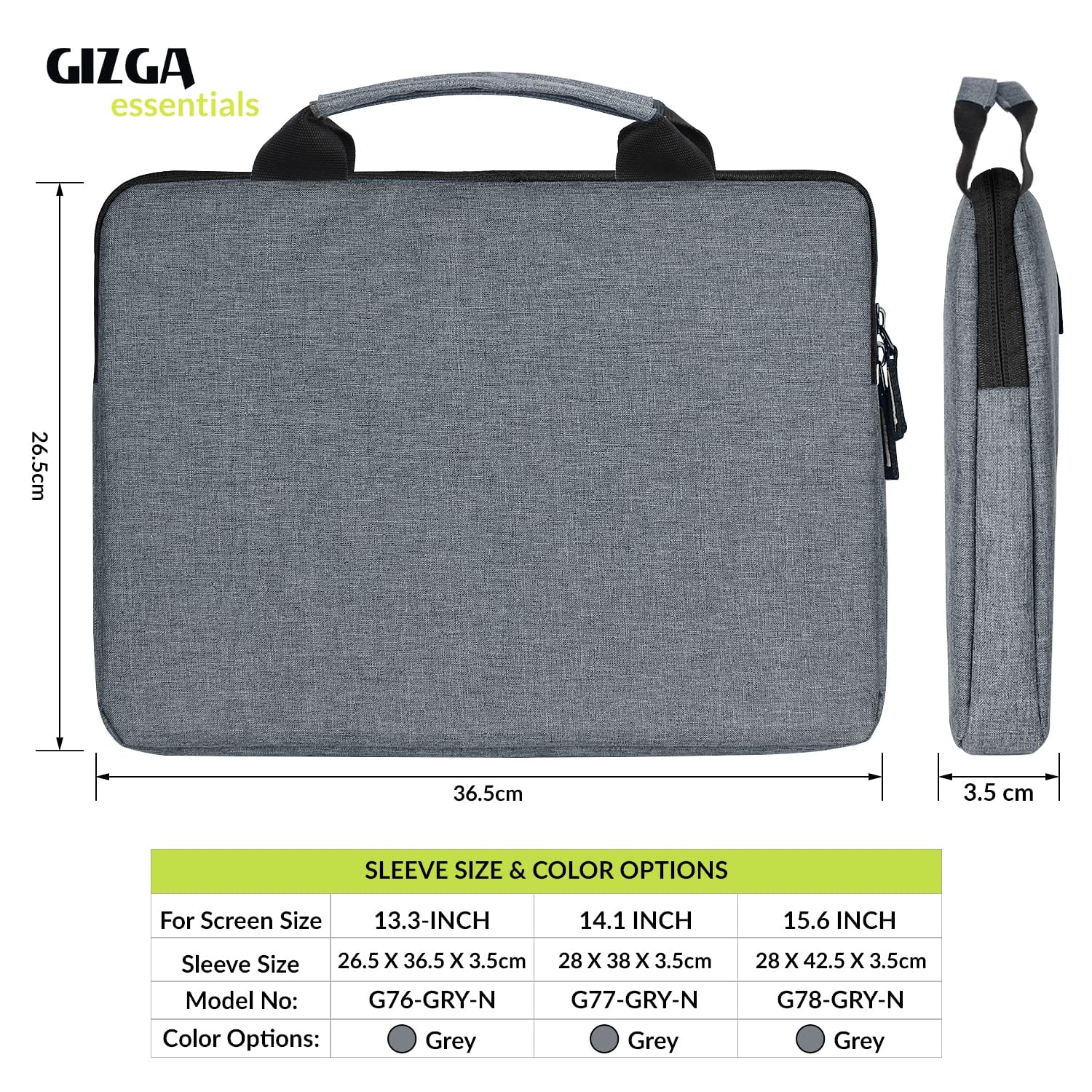 Gizga Essentials Laptop Bag Sleeve Case Cover Pouch for 13.3 Inch Laptop for Men & Women, Padded Laptop Compartment, Free Accessories Pouch, Premium Zipper Closure, Water Repellent Nylon Fabric-Grey
