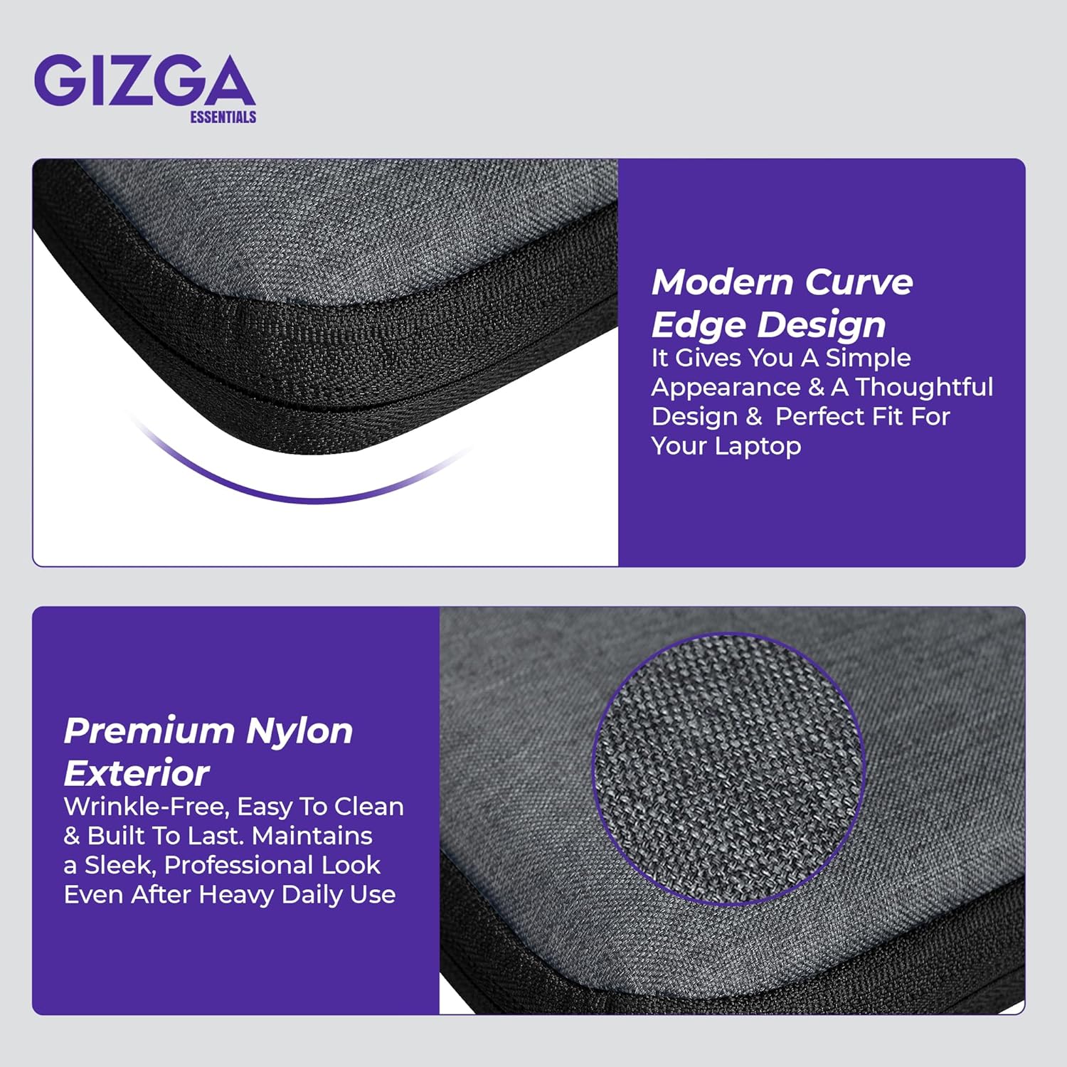 Gizga Essentials 15.6 Inch Laptop Sleeve Case Cover Pouch Bag with Handle & Front Pocket| Slim & Water-Resistant Nylon Fabric with Shockproof Foam Padding, Soft Lining & Premium Zipper Closure (Grey)