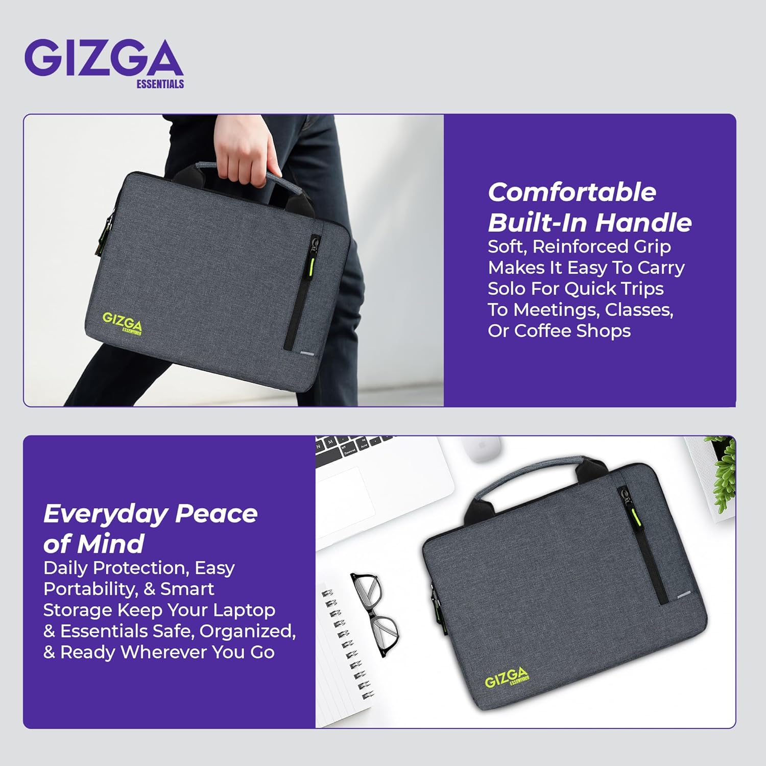 Gizga Essentials 15.6 Inch Laptop Sleeve Case Cover Pouch Bag with Handle & Front Pocket| Slim & Water-Resistant Nylon Fabric with Shockproof Foam Padding, Soft Lining & Premium Zipper Closure (Grey)