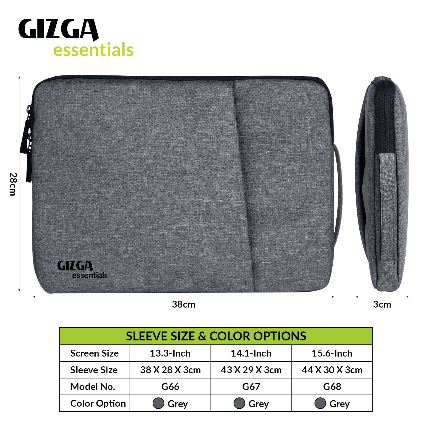 Gizga Essentials 13.3 Inch Laptop Sleeve Case Cover Bag with Extra Pouch, Front Pocket & Handle| Slim & Water-Resistant Nylon Fabric with Shockproof Foam Padding, Soft Lining & Premium Zipper (Grey)