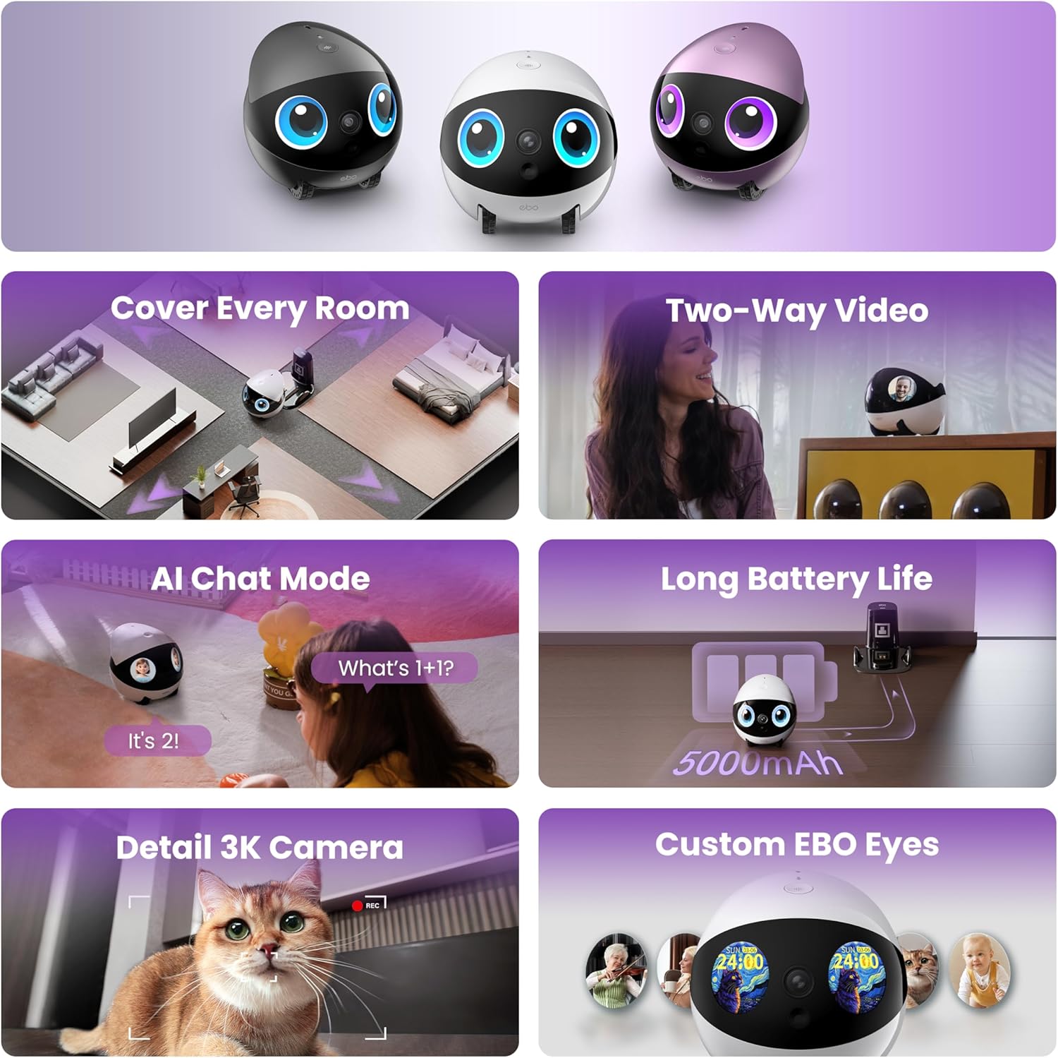 Enabot EBO 3K Home Camera Robot Air 2 Plus: Indoor Camera, Movable Robot Companion, 2-Way Video, AI Chat Mode, Auto-Recharge, Long Battery Life, Custom Facial Image, Night Vision, 32GB Memory Card