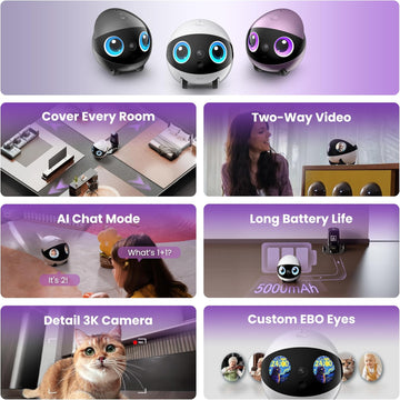 Enabot EBO 3K Home Camera Robot Air 2 Plus: Indoor Camera, Movable Robot Companion, 2-Way Video, AI Chat Mode, Auto-Recharge, Long Battery Life, Custom Facial Image, Night Vision, 32GB Memory Card