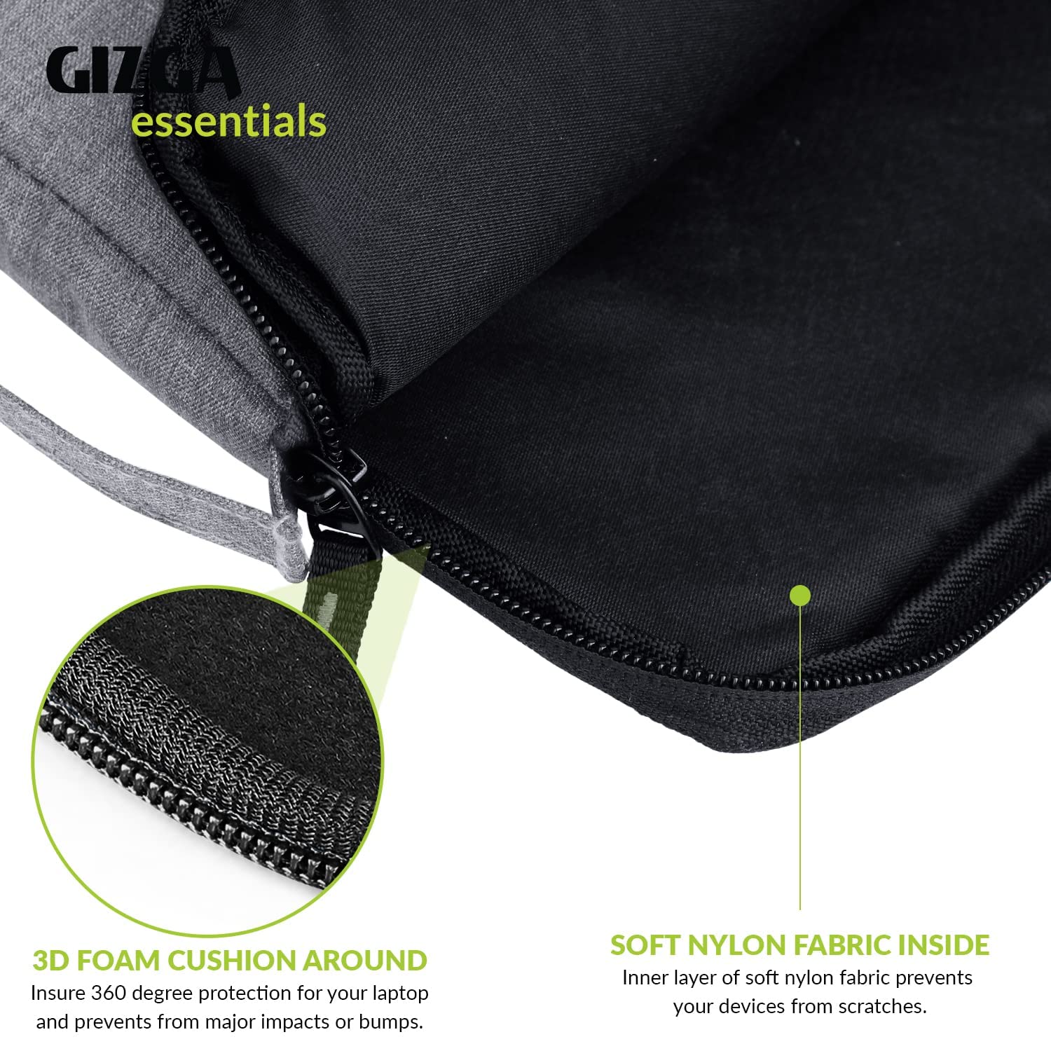 Gizga Essentials 13.3 Inch Laptop Sleeve Case Cover Bag with Extra Pouch, Front Pocket & Handle| Slim & Water-Resistant Nylon Fabric with Shockproof Foam Padding, Soft Lining & Premium Zipper (Grey)