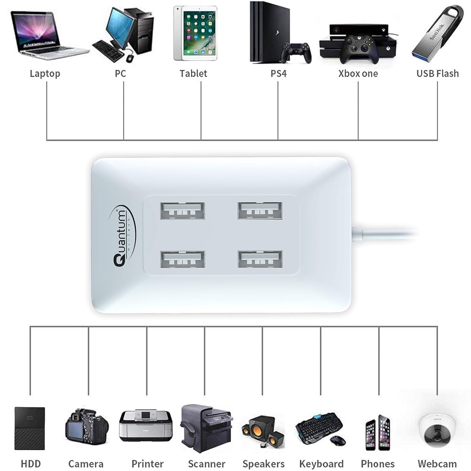Quantum QHM6633 4-Port Hi-Speed USB Hub (Multicolor)