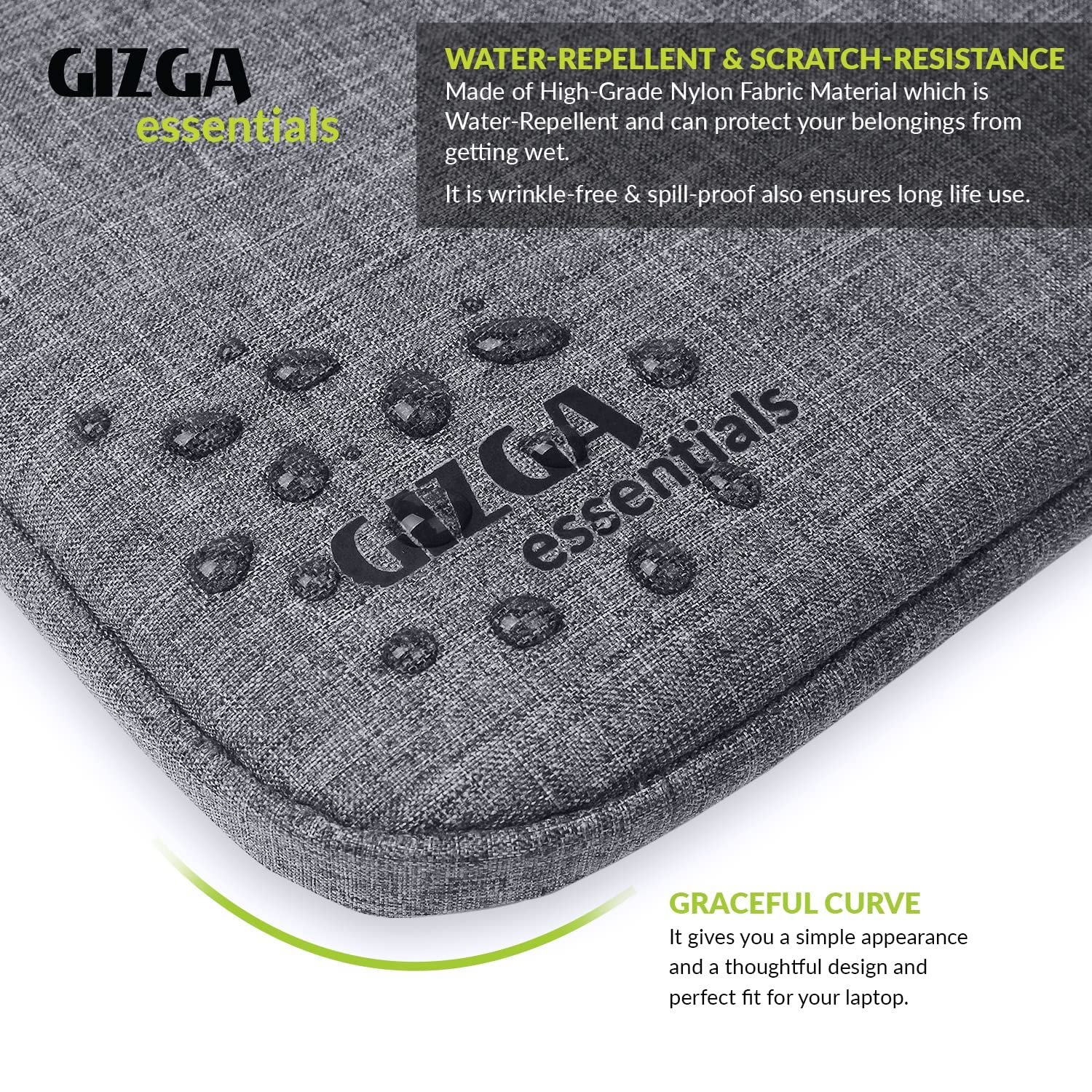 Gizga Essentials 13.3 Inch Laptop Sleeve Case Cover Bag with Extra Pouch, Front Pocket & Handle| Slim & Water-Resistant Nylon Fabric with Shockproof Foam Padding, Soft Lining & Premium Zipper (Grey)