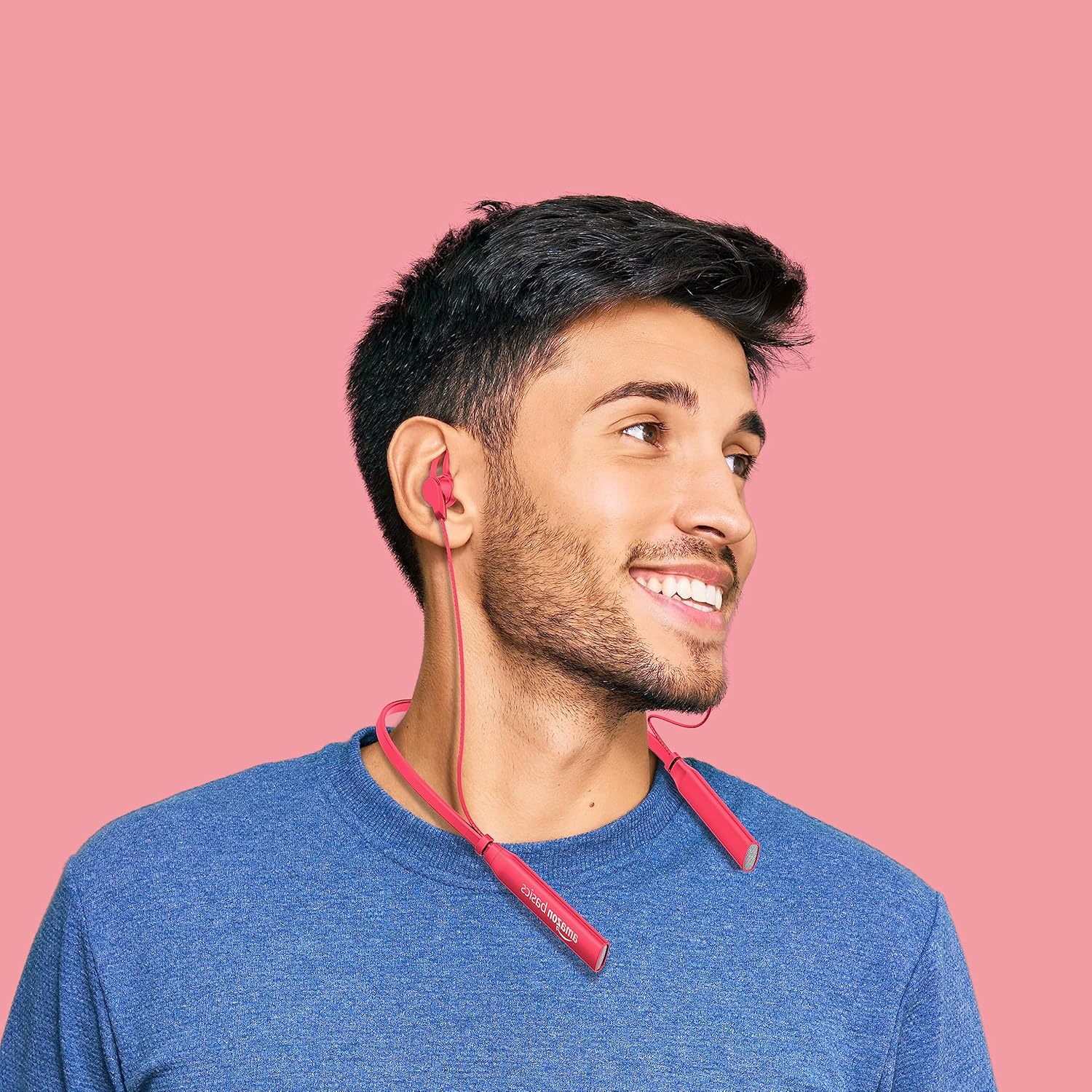 amazon basics in-Ear Bluetooth 5.0 Wireless Neckband with Mic, Up to 13 Hours Playback Time, Magnetic Earbuds, Noise Cancellation, Voice Assistant, Dual Pairing and IPX5 Rated (Red)