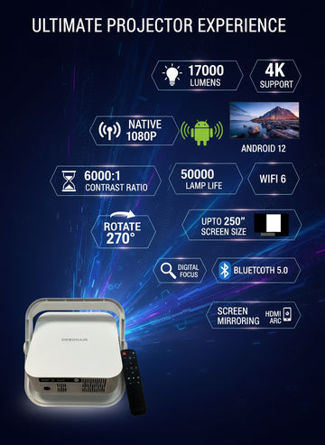 DEBONAIR UltraPlay Full HD Native 1080p Android Projector | 4K HDR Support | 17000 Lumens | Auto Focus, Screen Fit & Obstacle Avoidance | Dust Proof Engine Dual WiFi BT 5.0 | 250" Display USB & HDMI 2 Years Warranty.