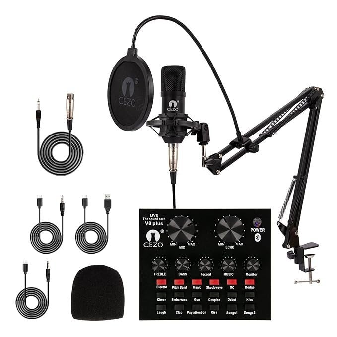 CEZO BM 800 Condenser Microphone Kit Set with V8 Sound Card, Boom Arm Stand, Pop Shield Recording Studio Equipment Full Set with 3.5mm Mic for Smartphones Live Streaming Youtubers - Black
