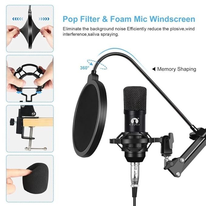 CEZO BM 800 Condenser Microphone Kit Set with V8 Sound Card, Boom Arm