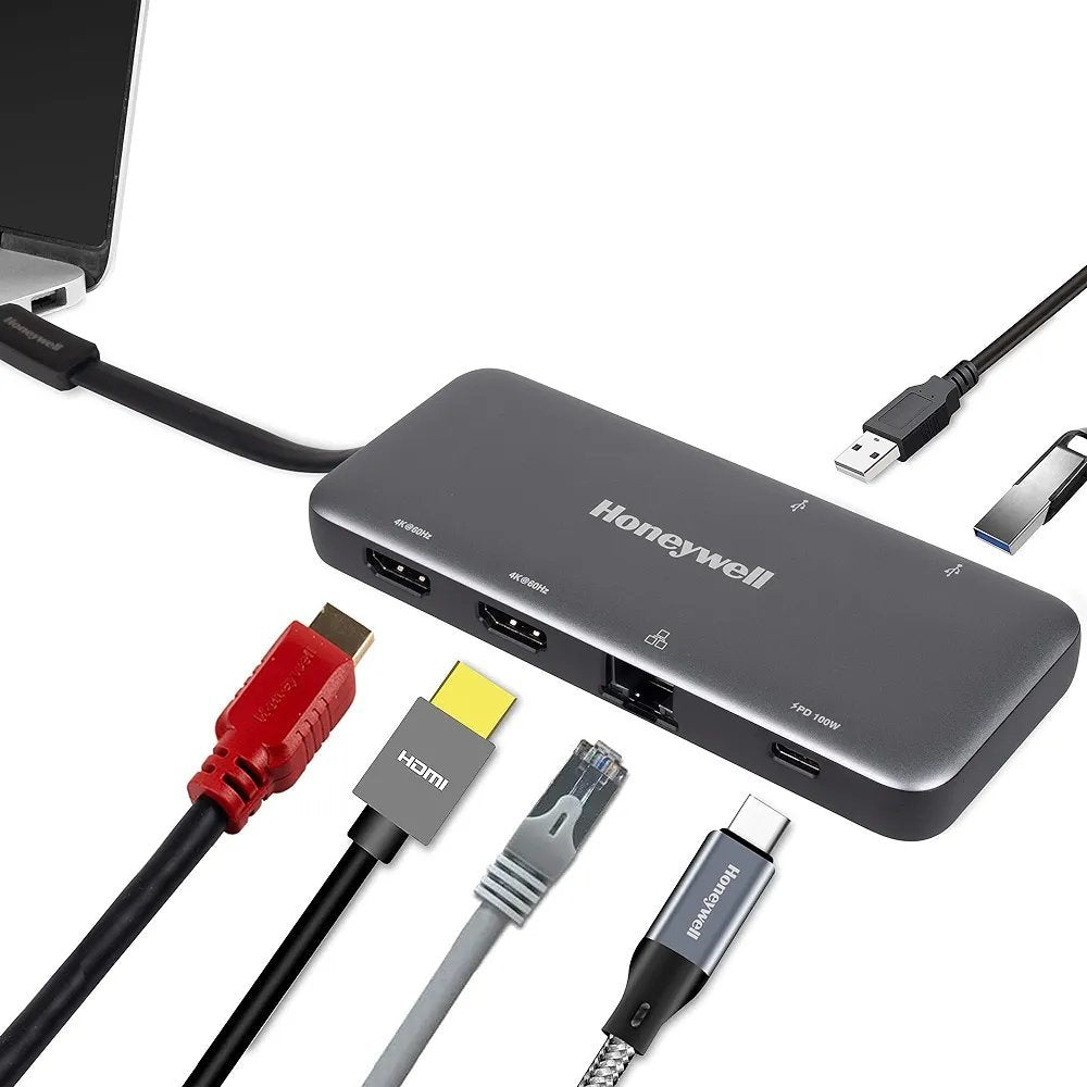Honeywell 6-in-1 Type C Docking Station, Dual 4K HDMI Port, 1GB RJ45 Ethernet Port, 2xUSB 3.0 Port &amp;3.0 Type C Port with PD 100W Compatible with All Type C Devices- Laptop, PC, Hard Drive