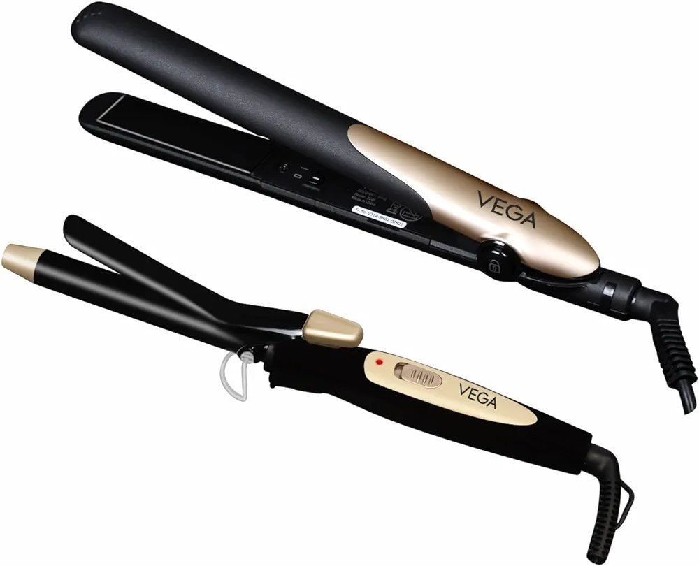 VEGA Miss Dazzle Styling Set, Hair Straightener With Ceramic Coated Plates &amp; 19 Mm Barrel Hair Curler Combo (VHSS-02)Black