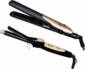 VEGA Miss Dazzle Styling Set, Hair Straightener With Ceramic Coated Plates & 19 Mm Barrel Hair Curler Combo (VHSS-02)Black