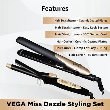 VEGA Miss Dazzle Styling Set, Hair Straightener With Ceramic Coated Plates & 19 Mm Barrel Hair Curler Combo (VHSS-02)Black