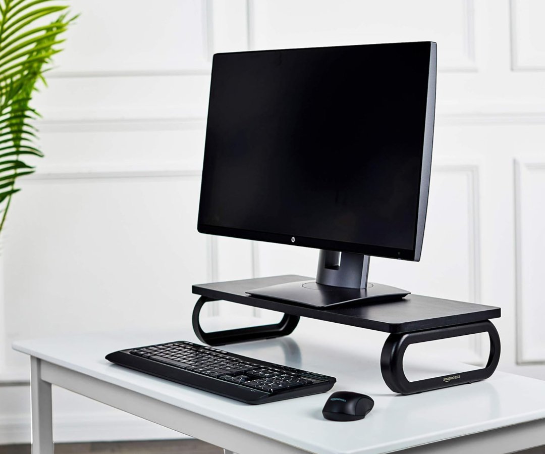 Pc Monitor Rectangular Amazon Basics Rectangular Wood Monitor Stand, Computer Riser, Black