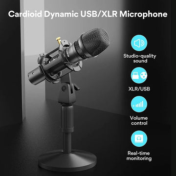 Maono AU-HD300T USB/XLR Dynamic Mic for Singing, PC, YouTube Recording. Professional Microphone with 0-Latency Monitoring, Volume Control, Adjustable Mic Stand, Shock Mount and Pop Filter, Black