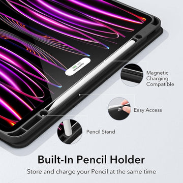 ESR for iPad Pro 12.9 inch Case (2022/2021, 6th/5th Gen), iPad Pro Cover, Built-in Pencil Holder, Pencil 2 Support, Flexible Back Cover, Trifold Stand, Auto Sleep/Wake, Rebound Pencil Series, Black iPad-55