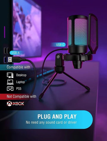 Gaming USB Microphone for PC PS5, FIFINE Condenser Mic with Quick Mute, RGB Indicator, Tripod Stand, Pop Filter, Shock Mount, Gain Control for Streaming Discord Twitch Podcasts Videos- AmpliGame ( A6V)