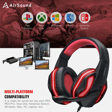 AirSound Alpha-3 Stereo Gaming Headset for Noise Cancelling Over-Ear Headphones with Mic, Red LED, Bass Surround, Soft Memory Earmuffs for All Laptop