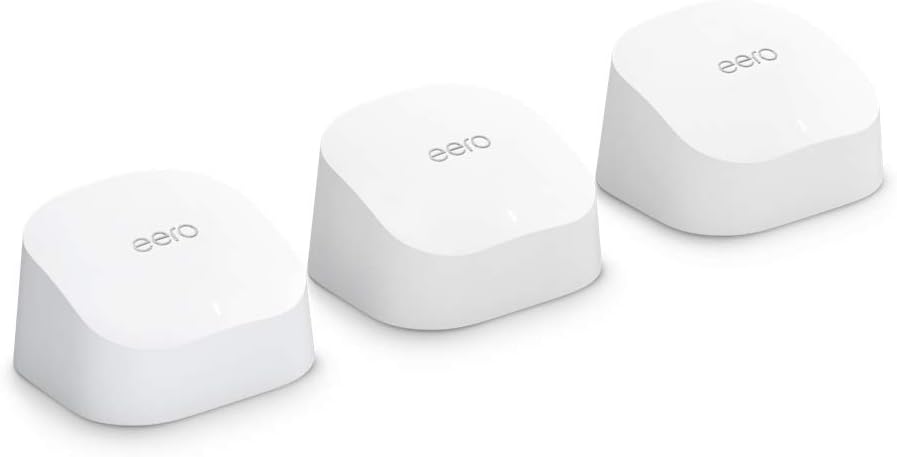 Amazon eero 6 mesh wifi system - Supports internet plans up to 500 Mbps, Coverage up to 4,500 sq. ft., Connect 75+ devices, 3-pack (1 router + 2 extenders)
