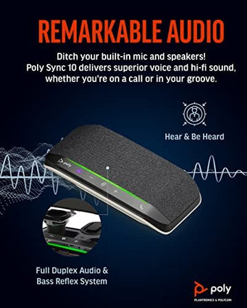 Poly Sync 10 USB Speakerphone - Two-in-One Portable Speaker for Audio/Video Conference Calls & Music - USB Powered - Works with Teams (Certified), Zoom & More - Dual-Mic, Full-Duplex Audio  (SEALED PACK)
