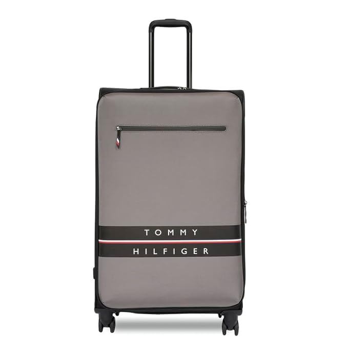 Tommy Hilfiger Lewiston Unisex Polyester Softshell Luggage - Steel Grey+Black, 72Cm Mid with 8 Wheel Inline Trolley Bag, Medium