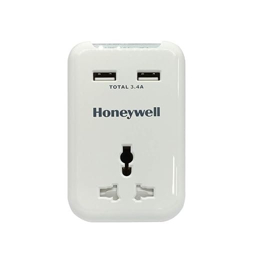 Honeywell Travel Surge, 1 Universal Socket+2 USB Ports, 12000Amp, Charge On The Go, Device Secure Warranty, X3 Fireproof MOV tech, Spike Guard