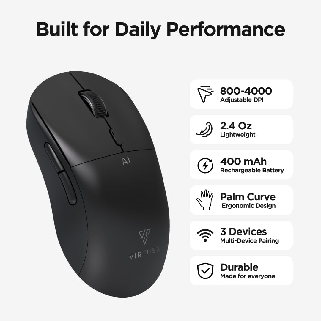 Virtusx Jethro AI Mouse - Voice & Audio Recorder for Lecture & Meeting, Centralized Software with Voice Typing, Writing Tools, Transcribe, Translate & Summarize, Wireless Mouse for Computer, Laptop