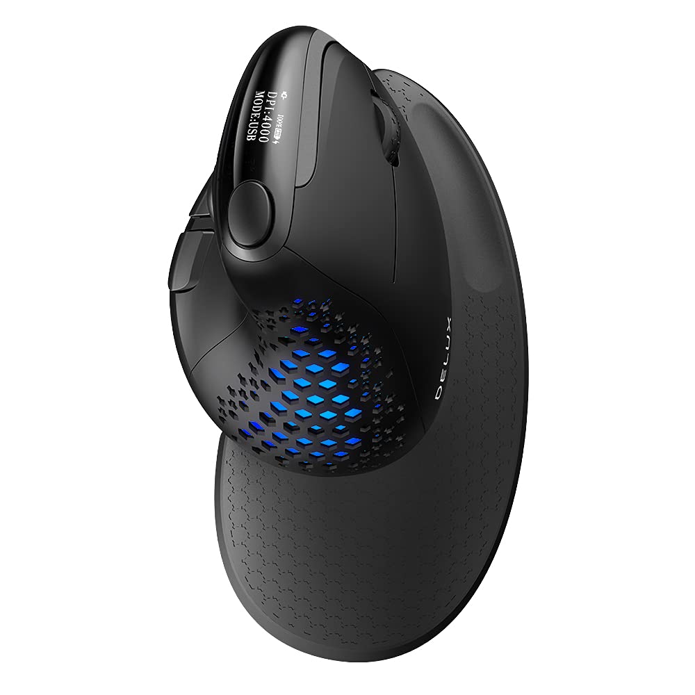 DeLUX Seeker Wireless Ergonomic Vertical Mouse with OLED Screen, BT and USB Receiver, Connect with Up to 4 Devices, Thumb Wheel, 4000DPI, Programmable Rechargeable Silent Mouse(M618XSD-Black)