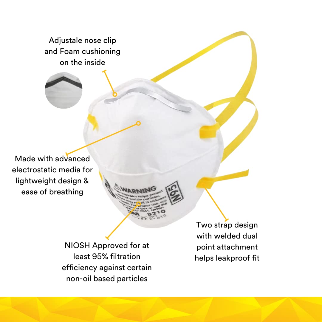 3M 8210 Disposable Respirator N95 Face Mask, Non Woven Fabric, Metal Nose Clip and Elastic Headband, NIOSH Approved, Particulate Anti Air Pollution Respirator (Pack of 1)