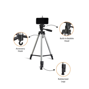 Amazon Basics Aluminium Professional Sturdy Tripod with Mobile Phone Holder Mount, 3-Way Head, Accessory Hook,  for All Smart Phones, GoPro, Cameras(not bag included)